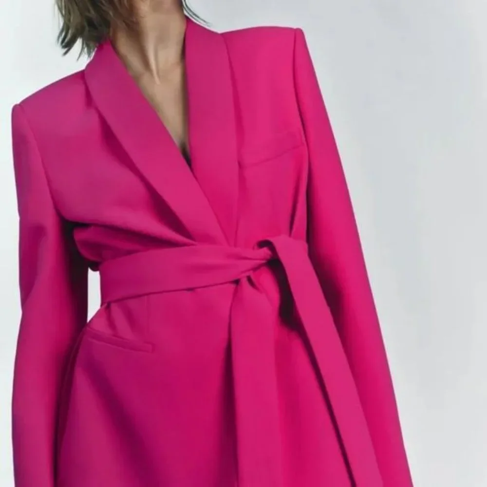 ZARA BELTED TUXEDO COLLAR BLAZER NEON FUSCHIA - Picture 4 of 13